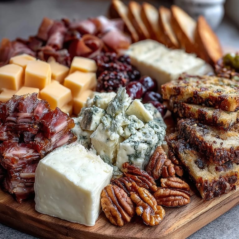 Elegant charcuterie spread with smoked meats, aged cheddar, and roasted red pepper dip, complemented by olives, dried figs, and fresh herbs for a perfect housewarming display.