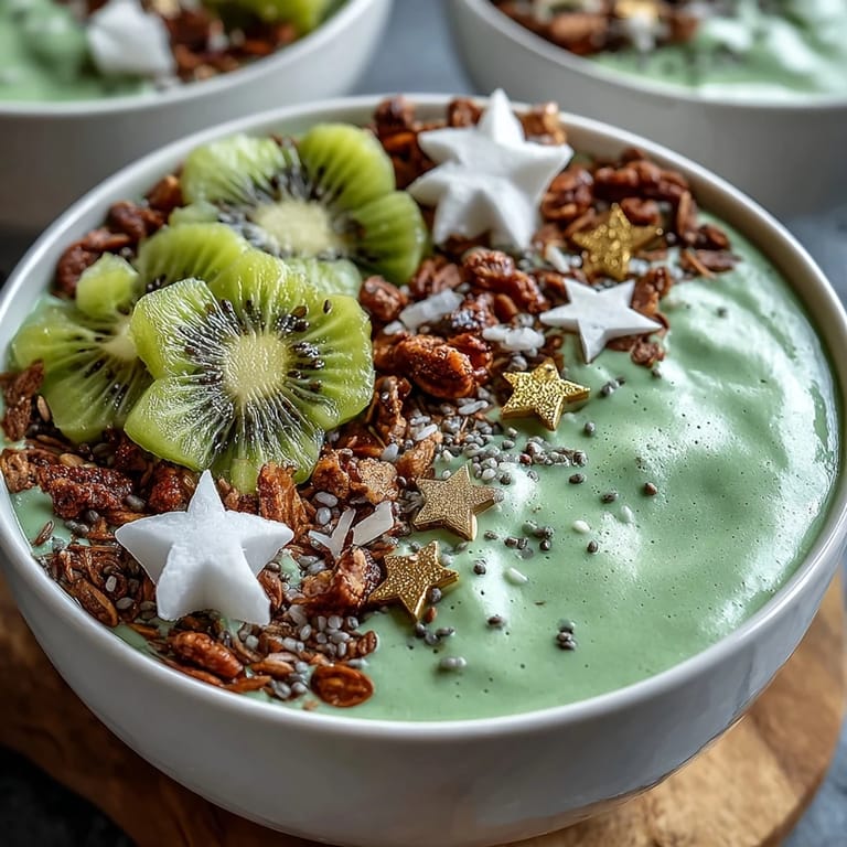 Vibrant St. Patrick's Day green smoothie bowl with spinach, avocado, and vanilla protein, decorated with edible gold stars and mint leaves.