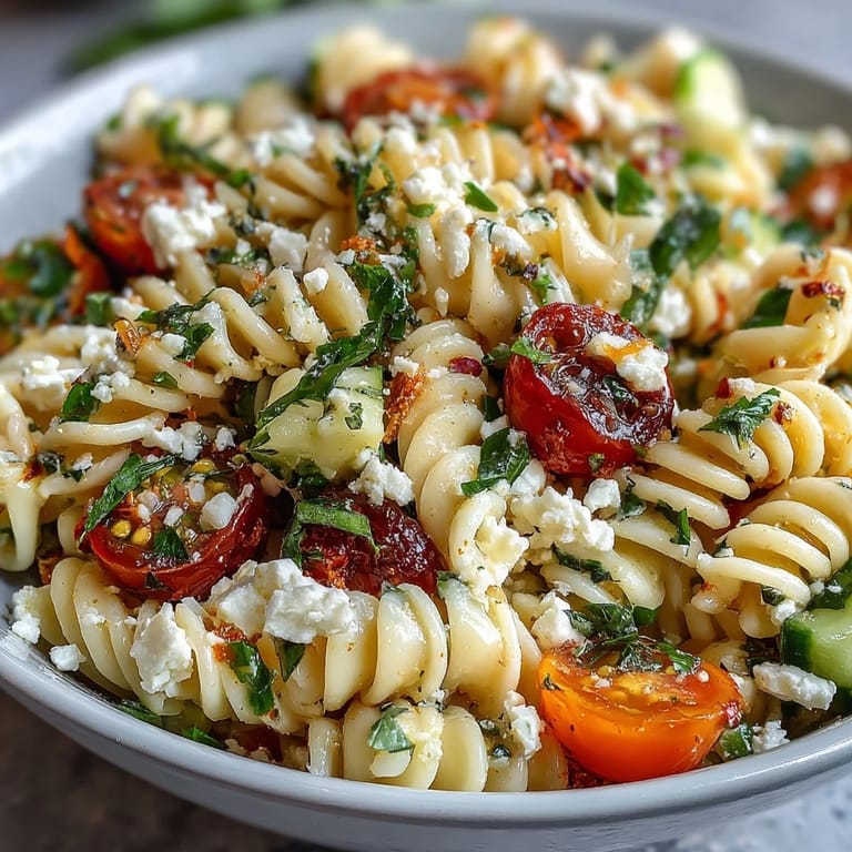 Bright and refreshing Lemon Vinaigrette Pasta Salad featuring crisp cucumbers, juicy cherry tomatoes, and a zesty lemon dressing.