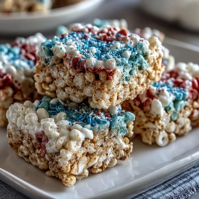 Easy no-bake 4th of July Rice Krispies treats with bold colors, creamy marshmallow, and a crunchy cereal texture.