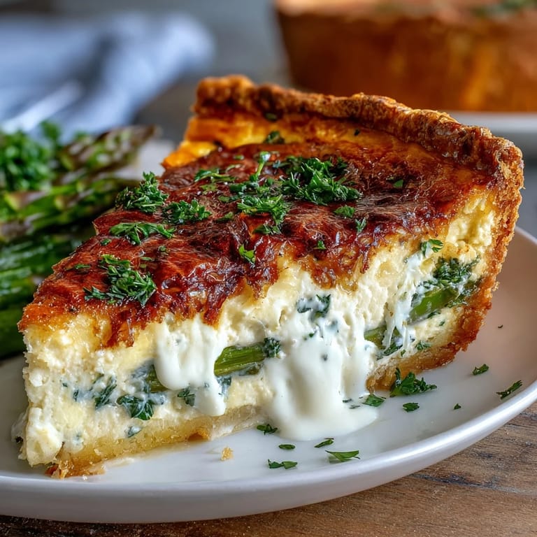 Elegant asparagus and Brie quiche, baked to golden perfection and ideal for a festive spring brunch or special celebration.