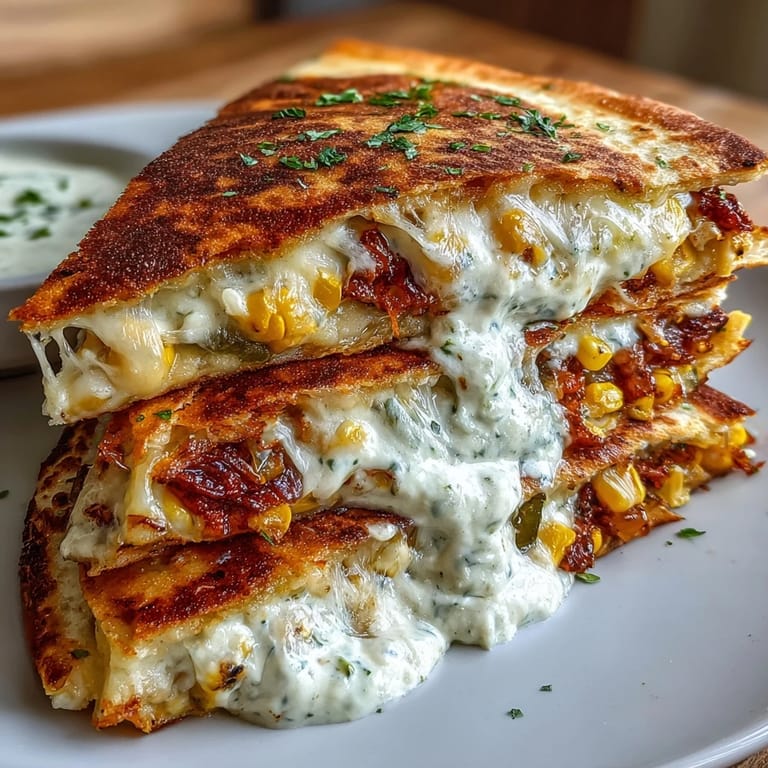 Melted Monterey Jack cheese and charred corn tucked inside warm tortillas, paired with tangy chipotle crema for Cinco de Mayo.