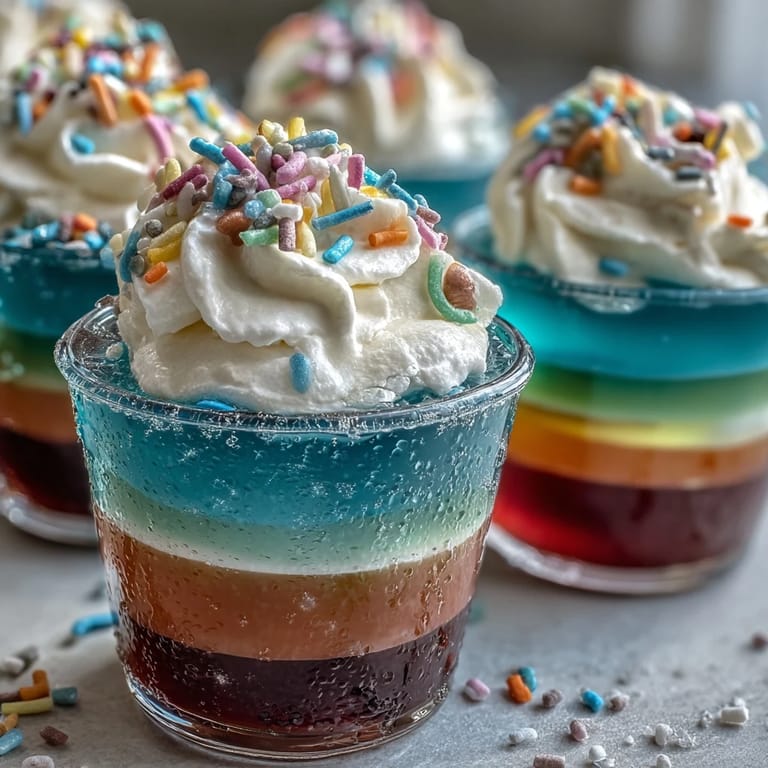 Kids' Rainbow Jello Cups: Fruity, layered gelatin in rainbow hues, crowned with whipped cream for a festive and delicious treat.