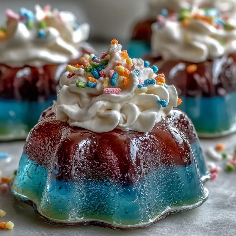 Vibrant Rainbow Jello Cups for Kids: A cheerful, multi-layered dessert with bright gelatin and creamy topping, fun for all ages.