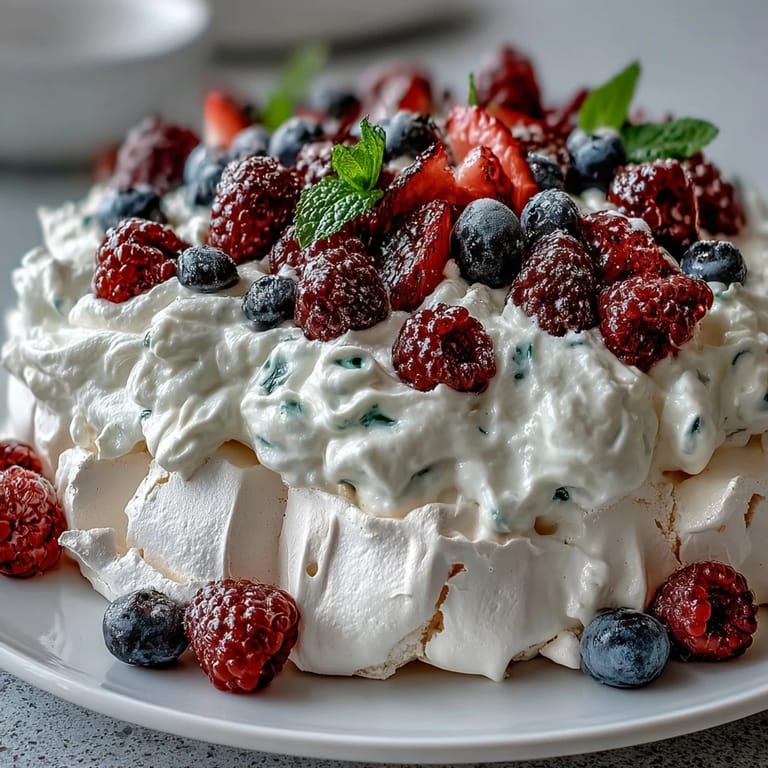 2. Light and airy pavlova dessert featuring a delicate meringue shell, luscious vanilla cream, and a colorful mix of fresh berries.  