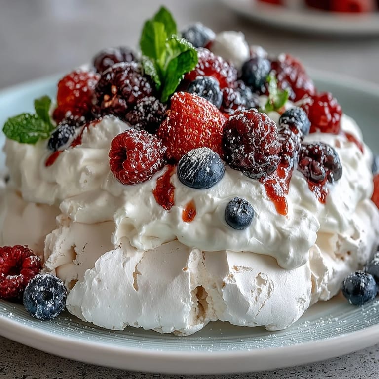 3. Elegant pavlova crowned with whipped cream and an assortment of juicy berries, perfect for spring celebrations and gatherings.