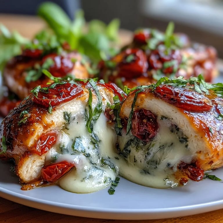 Savory chicken breasts filled with creamy mozzarella, ripe tomato slices, and fragrant basil, drizzled with balsamic glaze.  