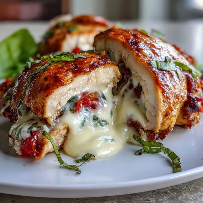 Oven-baked Caprese chicken breast stuffed with gooey mozzarella, juicy tomatoes, and fresh basil, finished with balsamic reduction.