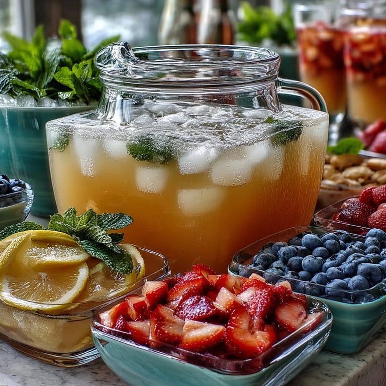 Guests enjoy mixing their own lemonade with vibrant fruit slices and mint leaves.