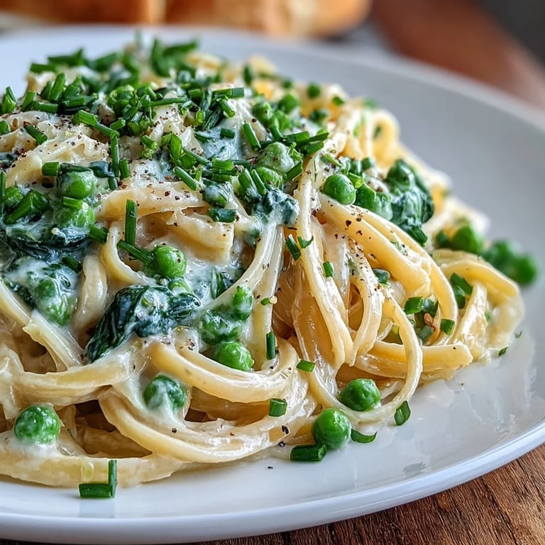 Close-up of linguine pasta coated in silky lemon cream sauce, bright green peas and spinach, topped with grated Parmesan and chives.