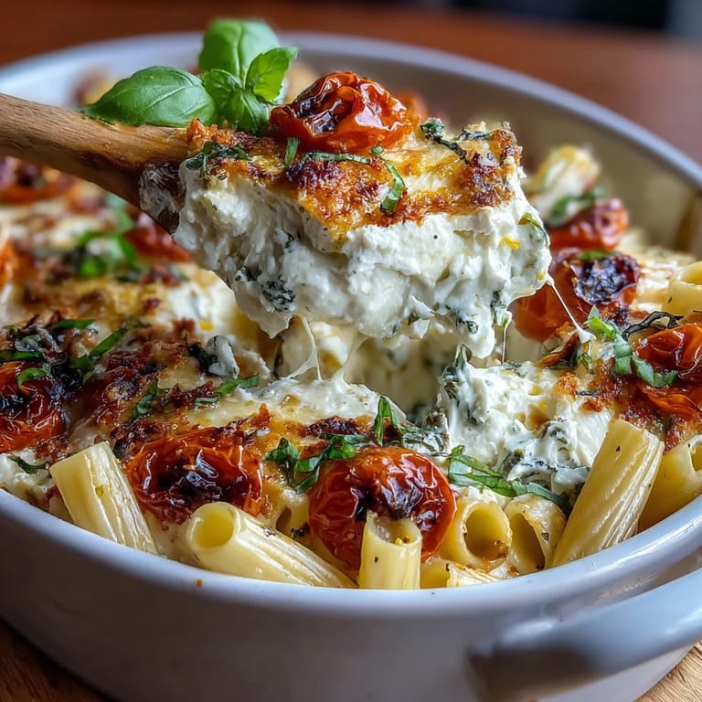 Gooey feta, roasted tomatoes, and fresh basil create this vibrant baked feta pasta.