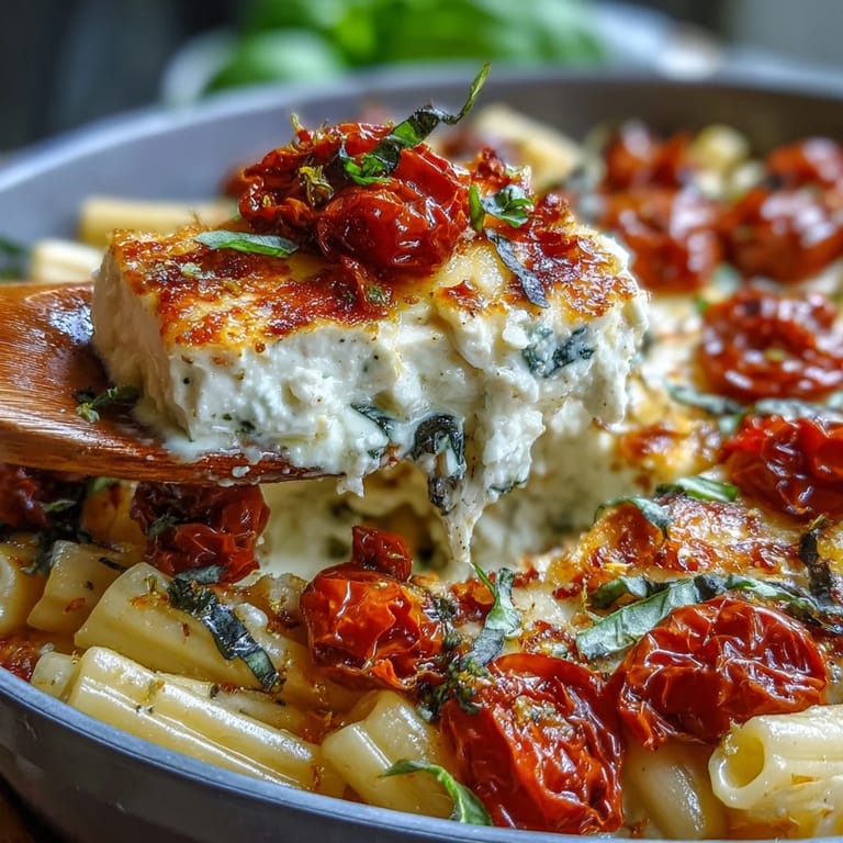 Savor a hearty bowl of baked feta pasta, topped with fragrant basil leaves.