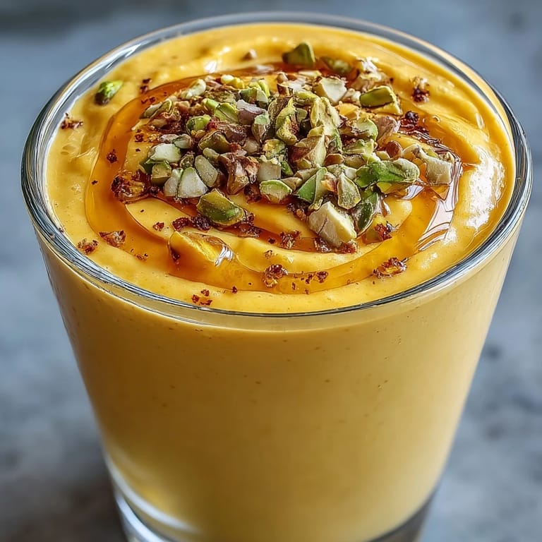 Vibrant mango lassi smoothie, blended smooth with sweet mango and aromatic cardamom.