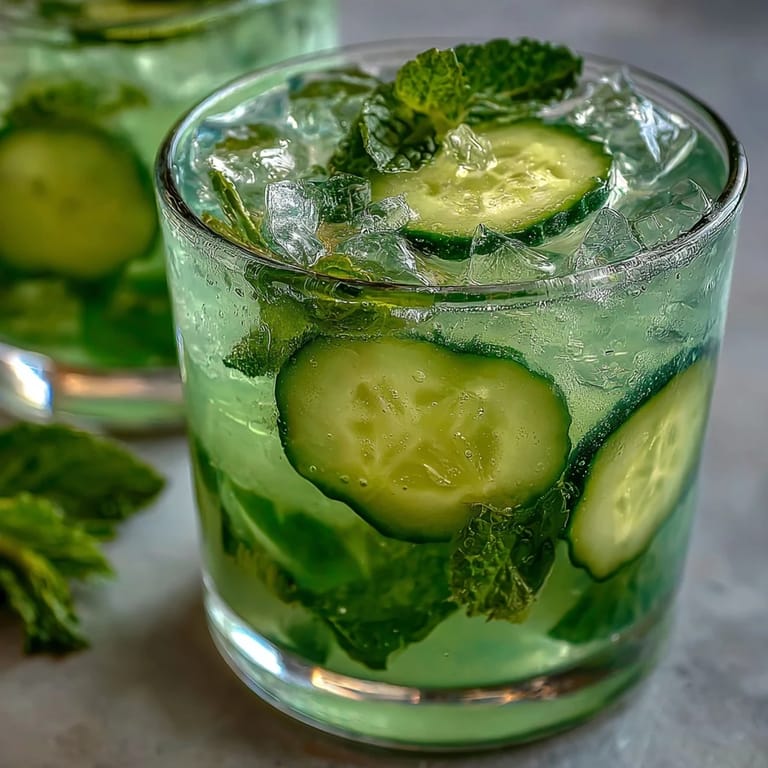 Vibrant Sparkling Cucumber Mint Lemonade Mocktail garnished with cucumber and mint.