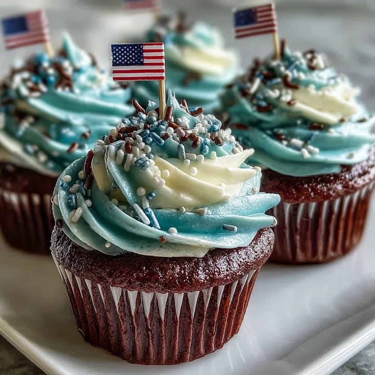 Deliciously decorated Star-Spangled Banner Cupcakes, ready for your 4th of July party.
