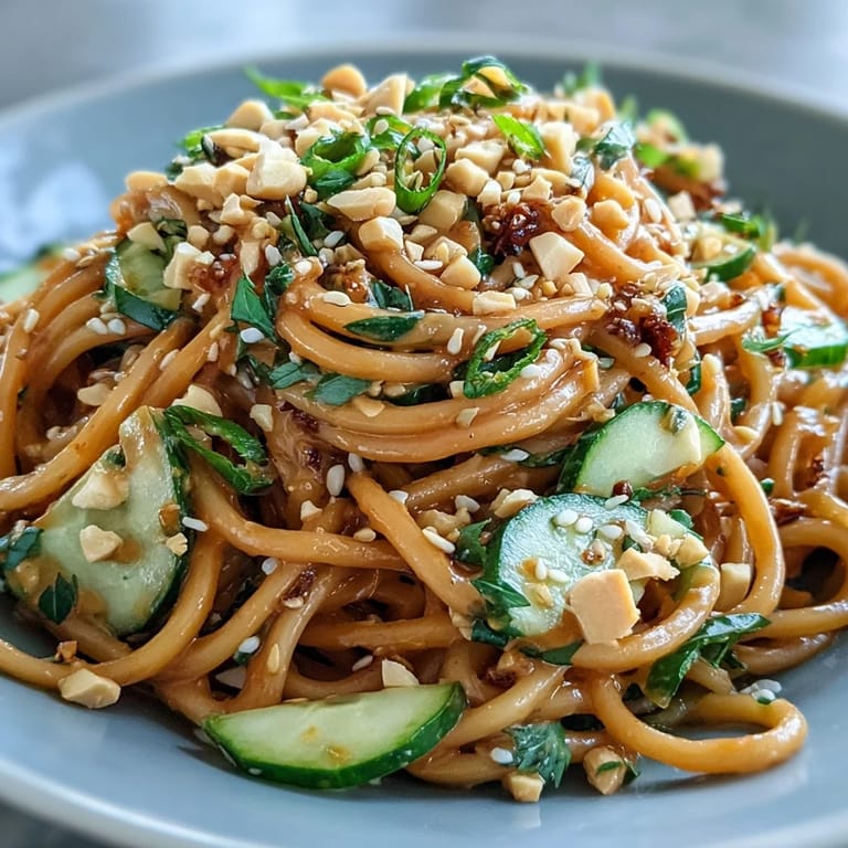 Vivid photography of cold peanut sesame noodles garnished with scallions and chopped peanuts.