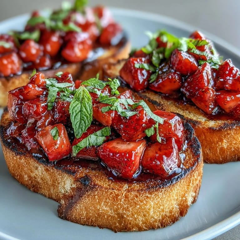 Juicy strawberries atop crispy grilled sourdough, drizzled with tangy balsamic glaze.