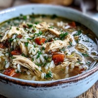 A close-up photo of Cozy Winter Chicken and Rice Soup, with tender shredded chicken and fluffy rice in a savory broth.