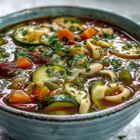 A steaming bowl of Vegetable Minestrone soup filled with diced carrots, zucchini, and creamy white beans.