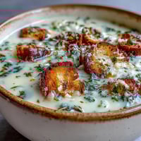 Creamy Garlic and Herb Soup garnished with fresh parsley, served in a rustic bowl, perfect for a cozy light dinner.