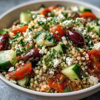 Bright Mediterranean Pearl Couscous salad with crunchy cucumber, sweet bell pepper, and briny kalamata olives in a zesty oregano vinaigrette.