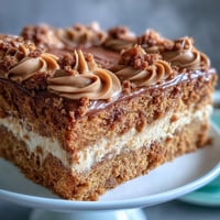 Freshly sliced Decadent Baked Biscoff Cake with Creamy Lotus Frosting, topped with crunchy cookie crumbles and a caramel drizzle on a rustic plate.