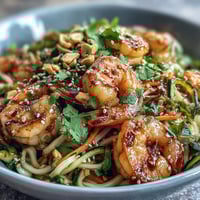 A colorful Asian Noodle Bowl with succulent shrimp, fresh vegetables, and a tangy sesame-lime sauce, topped with crunchy peanuts and cilantro.