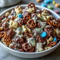 Festive St. Patricks Day treats board with colorful Lucky Charms bark and sweet snacks for sharing.
