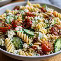 A vibrant Lemon Vinaigrette Pasta Salad with cucumbers and cherry tomatoes, perfect for summer picnics or light lunches.