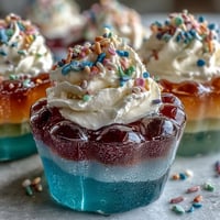 Rainbow Jello Cups for Kids: Colorful, fruity gelatin layers topped with fluffy whipped cream and rainbow sprinkles, perfect for parties.