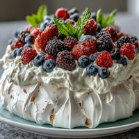 1. Pavlova with fresh berries and cream: a crisp meringue base topped with fluffy whipped cream and vibrant seasonal berries.  