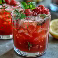Refreshing raspberry lemon spritz mocktail with fresh berries, zesty lemon, and sparkling water, garnished with mint and lemon slices.