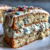 Festive Spring Birthday Party Funfetti Dip Cake generously topped with colorful sprinkles.